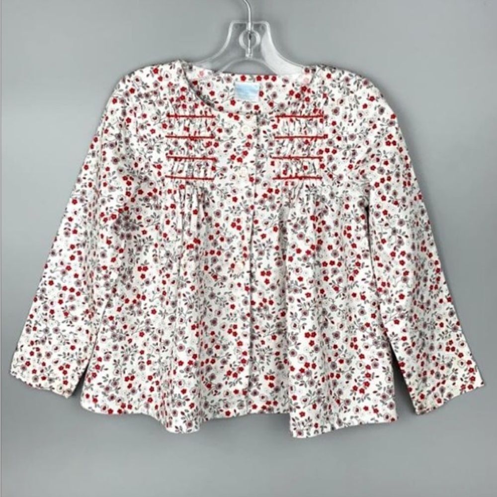 EdgeHill Collection Girl's Floral Blouse Top Red White Smocked Front Cotton 3T